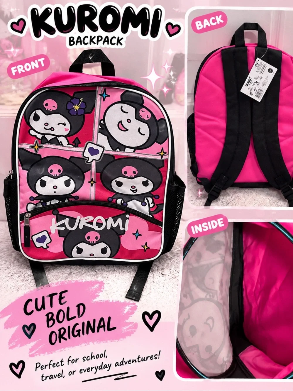 Kuromi Kids Backpack - Hot Pink Character School Bag NEW WITH TAGS